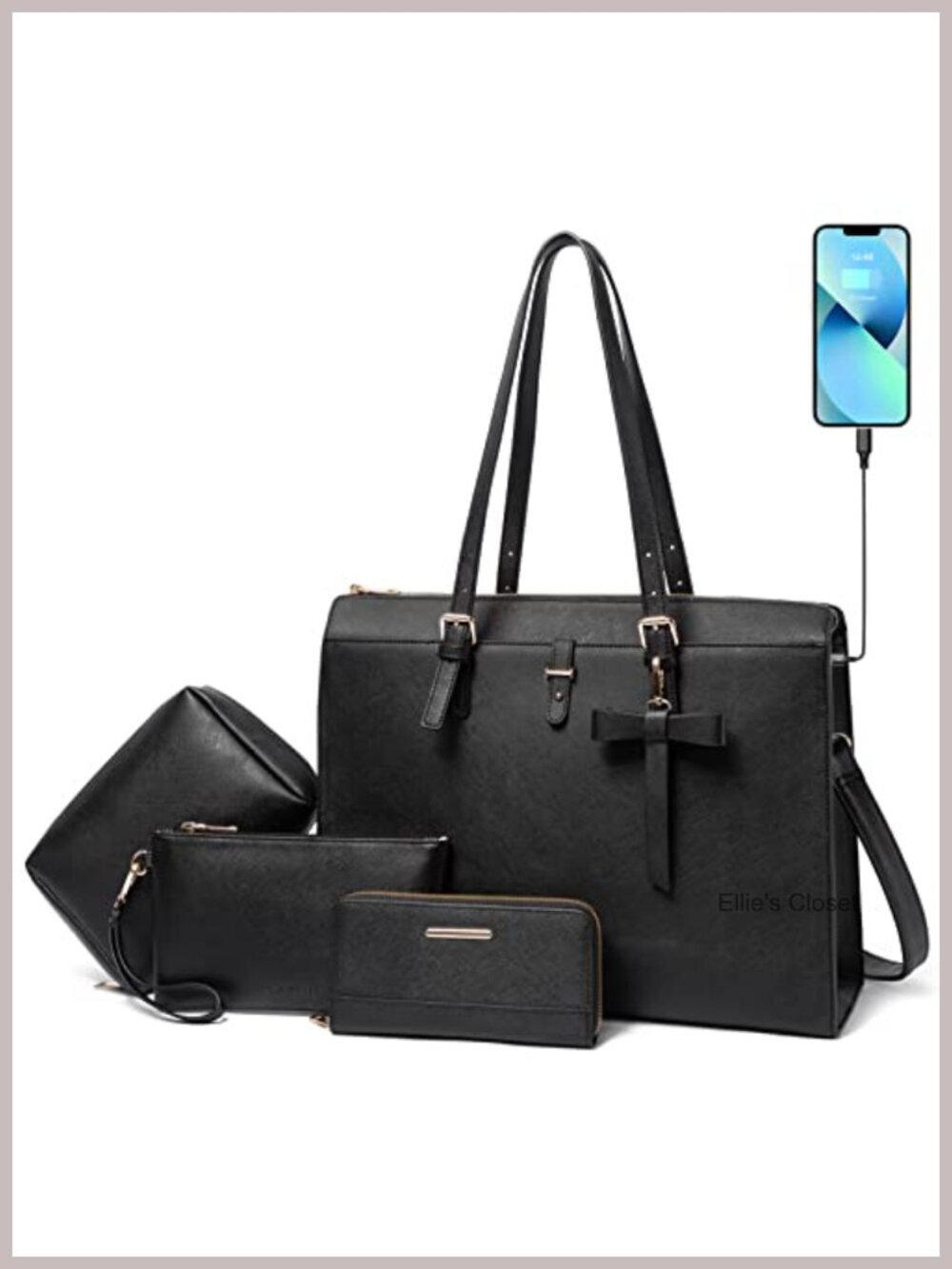 Large Leather Laptop Briefcase with USB Charging Port Tote Bag